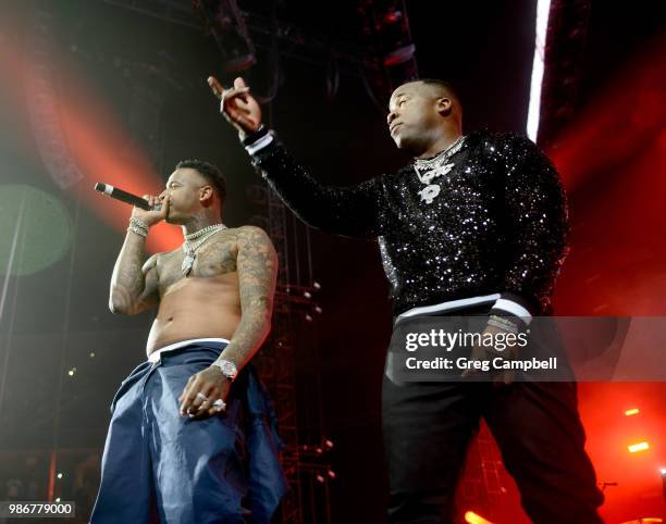 Moneybagg Yo and Yo Gotti perform onstage during the 6th Yo Gotti Birthday Bash at FedExForum on June 28, 2018 in Memphis, Tennessee.