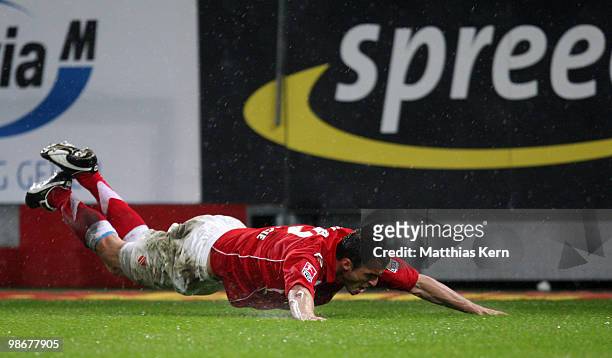 Emil Jula of Cottbus celebrates after scoring the fourth goal during the Second Bundesliga match between FC Energie Cottbus and 1.FC Union Berlin at...