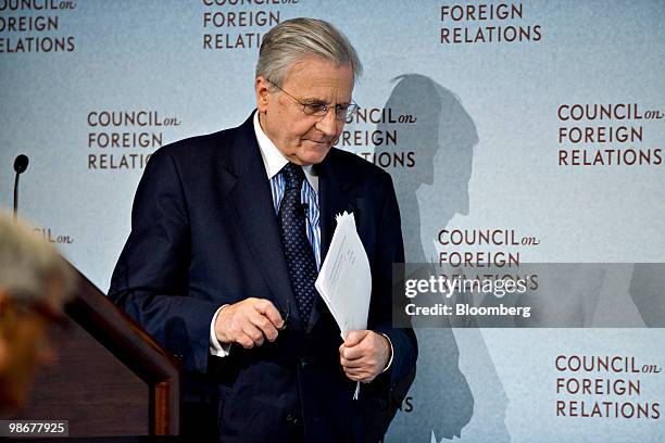 Jean-Claude Trichet, president of the European Central Bank, leaves the podium after speaking at the Council on Foreign Relations in New York, U.S.,...