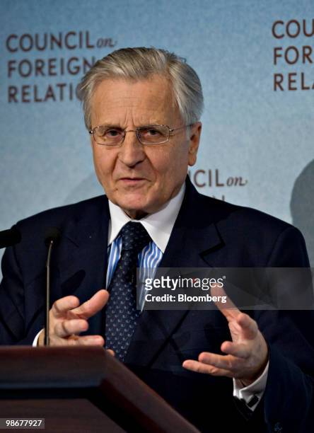 Jean-Claude Trichet, president of the European Central Bank, speaks at the Council on Foreign Relations in New York, U.S., on Monday, April 26, 2010....