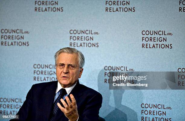 Jean-Claude Trichet, president of the European Central Bank, speaks at the Council on Foreign Relations in New York, U.S., on Monday, April 26, 2010....