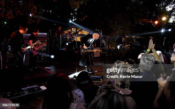 Jeff Schroeder, Jimmy Chamberlin, Billy Corgan, and James Iha of The Smashing Pumpkins perform onstage during the 1979 House Party at a private...