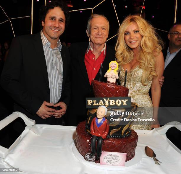 George Maloof, Hugh Hefner and Crystal Harris celebrate Hugh Hefner's 84th birthday at the Moon Nightclub at The Palms Casino Resort on April 10,...