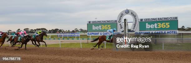 Clear Signal ridden by Damien Oliver wins the J.T Dixon BM70 Handicap at Geelong Synthetic Racecourse on June 29, 2018 in Geelong, Australia.