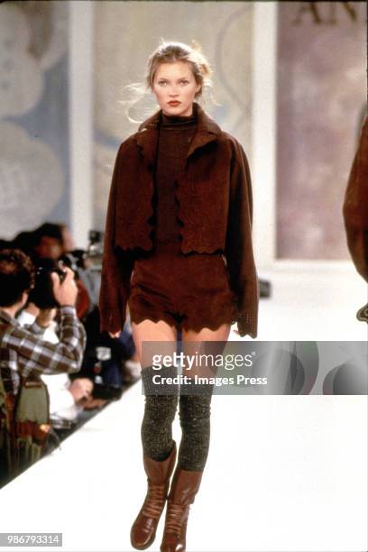 Kate Moss models Anne Klein at New York Fashion Week circa 1994 in New York.