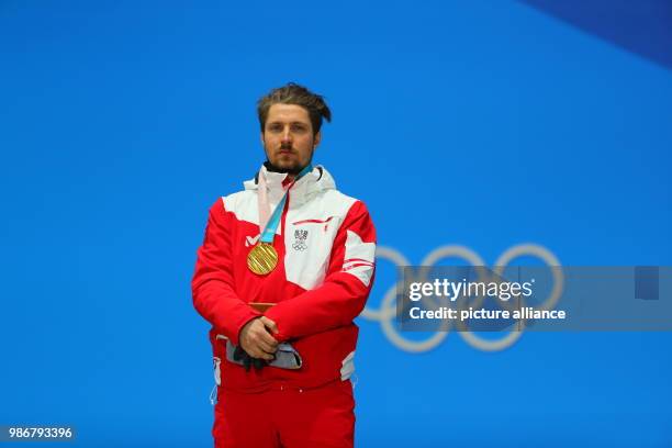 February 2018, South Korea, Pyeongchang, Olympics, Alpine Skiing, giant slalom, mens, award ceremony, Medal Plaza: Marcel Hirscher from Austria...