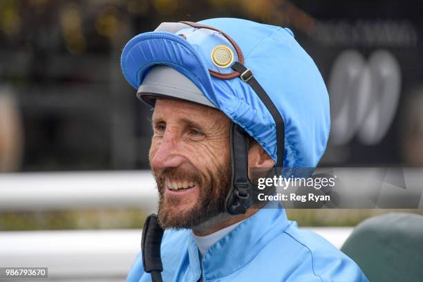 Damien Oliver after winning the J.T Dixon BM70 Handicap, at Geelong Synthetic Racecourse on June 29, 2018 in Geelong, Australia.