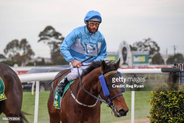 Damien Oliver returns to the mounting yard on Clear Signal after winning the J.T Dixon BM70 Handicap, at Geelong Synthetic Racecourse on June 29,...