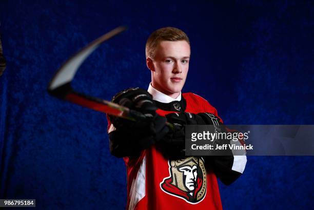Jacob Bernard-Docker poses for a portrait after being selected twenty-sixth overall by the Ottawa Senators during the first round of the 2018 NHL...