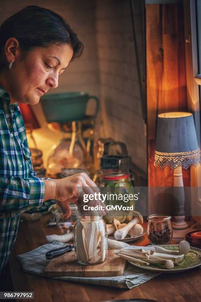 preserving organic mushrooms in jars - preserved in oil stock pictures, royalty-free photos & images