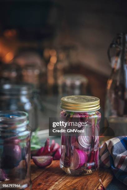 preserving organic red onions in jars - pickle relish stock pictures, royalty-free photos & images