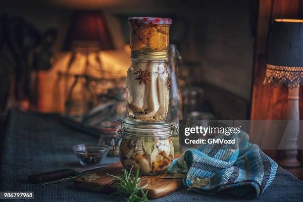 preserving organic mushrooms in jars - preserved in oil stock pictures, royalty-free photos & images