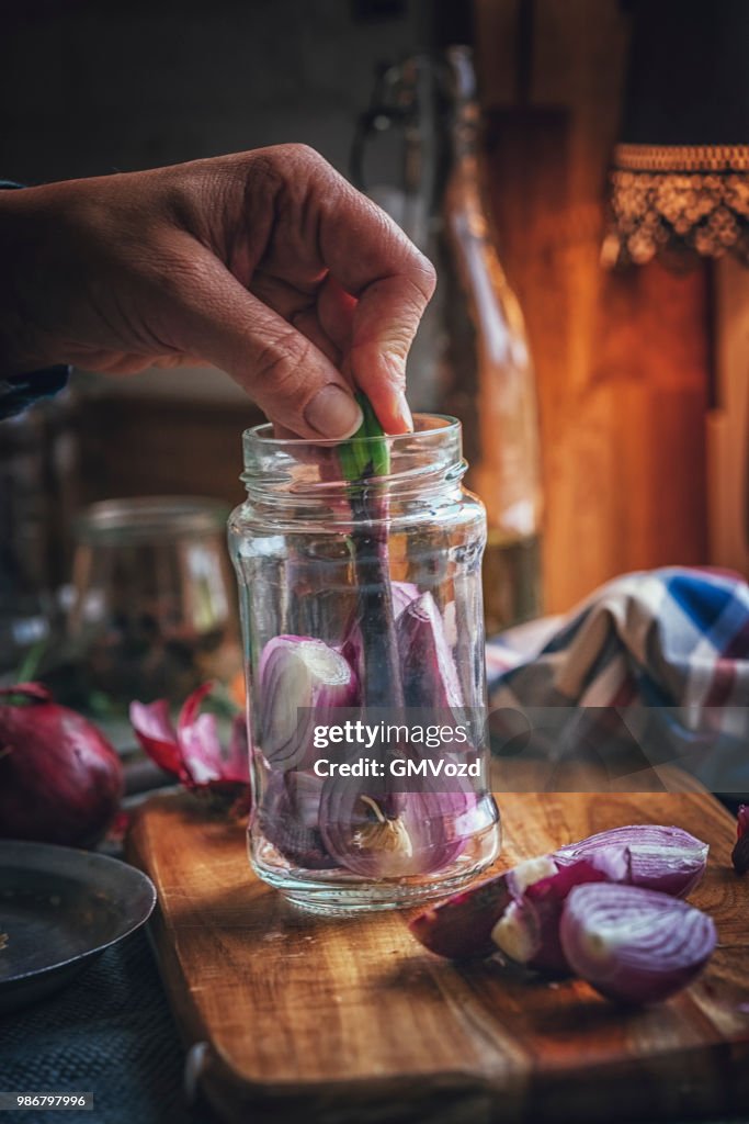 Preserving Organic Red Onions in Jars