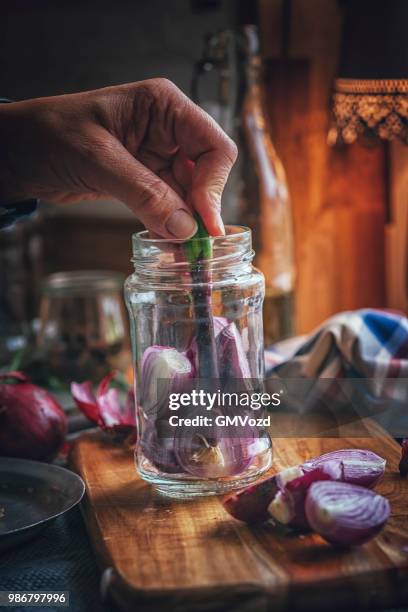 preserving organic red onions in jars - pickle relish stock pictures, royalty-free photos & images
