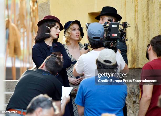 Blanca Suarez , Luis Fernandez and Maggie Civantos are seen during the set filming of the Netflix serie 'Las Chicas del Cable' on April 26, 2018 in...