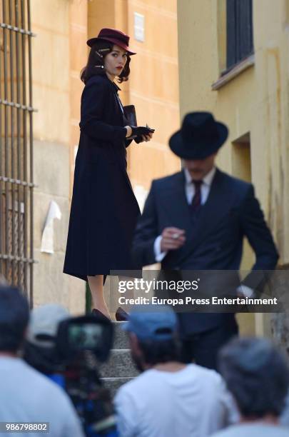 Blanca Suarez and Luis Fernandez are seen during the set filming of the Netflix serie 'Las Chicas del Cable' on April 26, 2018 in Madrid, Spain.