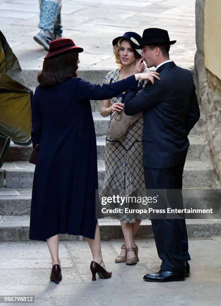 Blanca Suarez , Luis Fernandez and Maggie Civantos are seen during the set filming of the Netflix serie 'Las Chicas del Cable' on April 26, 2018 in...