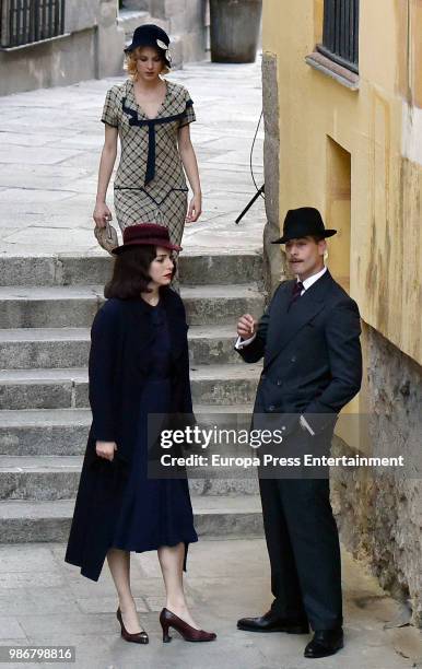 Blanca Suarez , Luis Fernandez and Maggie Civantos are seen during the set filming of the Netflix serie 'Las Chicas del Cable' on April 26, 2018 in...