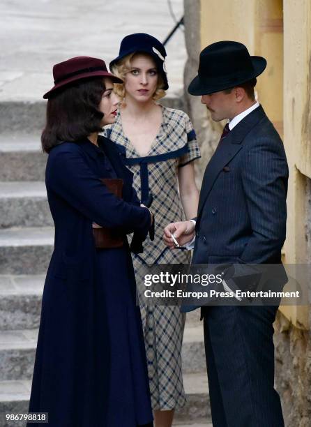 Blanca Suarez , Luis Fernandez and Maggie Civantos are seen during the set filming of the Netflix serie 'Las Chicas del Cable' on April 26, 2018 in...