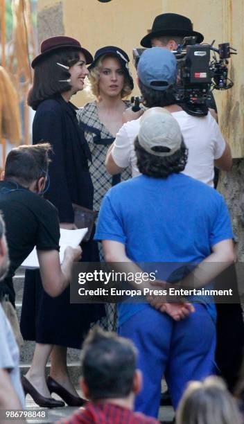 Blanca Suarez , Luis Fernandez and Maggie Civantos are seen during the set filming of the Netflix serie 'Las Chicas del Cable' on April 26, 2018 in...