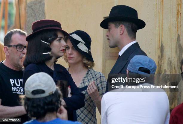 Blanca Suarez , Luis Fernandez and Maggie Civantos are seen during the set filming of the Netflix serie 'Las Chicas del Cable' on April 26, 2018 in...