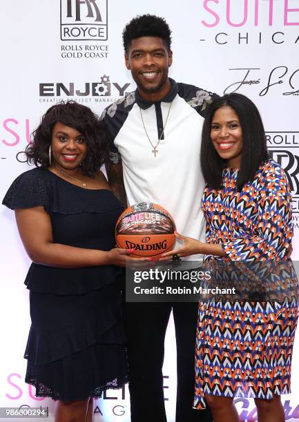 Erika Janee Jordan, Ryan Gomes and Joy Glover attend Suite Life Welcome The BIG 3 NBA Veterans To Chicago at Perillo Rolls Royce on June 28, 2018 in...