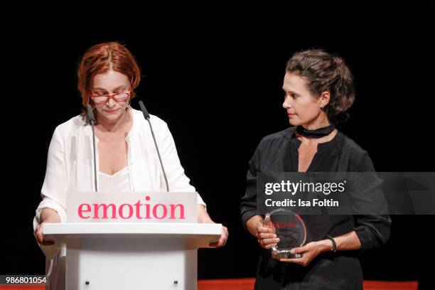 Austrian actress Aglaia Szyszkowitz and the award winner 'Frauen in Fuehrungspositionen' during the Emotion Award at Curio Haus on June 28, 2018 in...