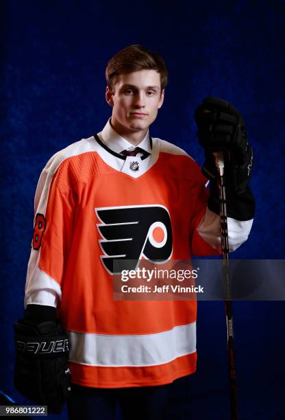 Joel Farabee poses for a portrait after being selected fourteenth overall by the Philadelphia Flyers during the first round of the 2018 NHL Draft at...