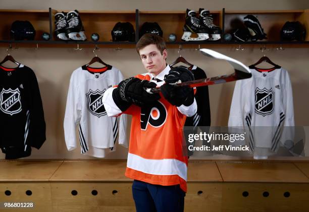 Joel Farabee poses for a portrait after being selected fourteenth overall by the Philadelphia Flyers during the first round of the 2018 NHL Draft at...