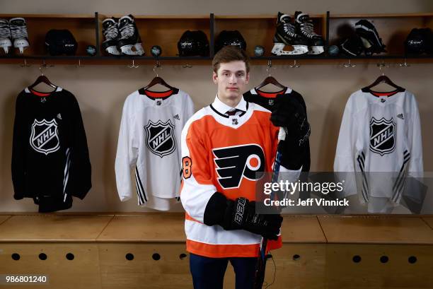 Joel Farabee poses for a portrait after being selected fourteenth overall by the Philadelphia Flyers during the first round of the 2018 NHL Draft at...