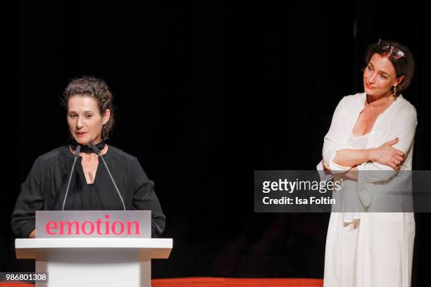 Austrian actress Aglaia Szyszkowitz and the award winner 'Frauen in Fuehrungspositionen' during the Emotion Award at Curio Haus on June 28, 2018 in...