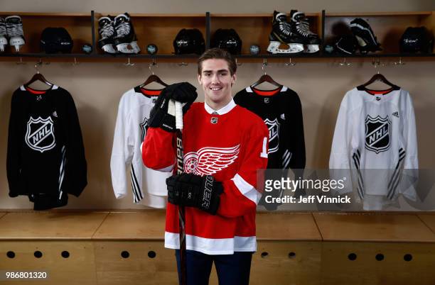 Filip Zadina poses for a portrait after being selected sixth overall by the Detroit Red Wings during the first round of the 2018 NHL Draft at...