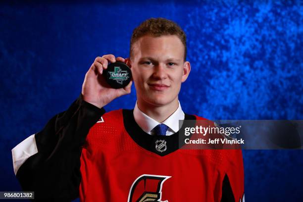 Brady Tkachuk poses for a portrait after being selected fourth overall by the Ottawa Senators during the first round of the 2018 NHL Draft at...