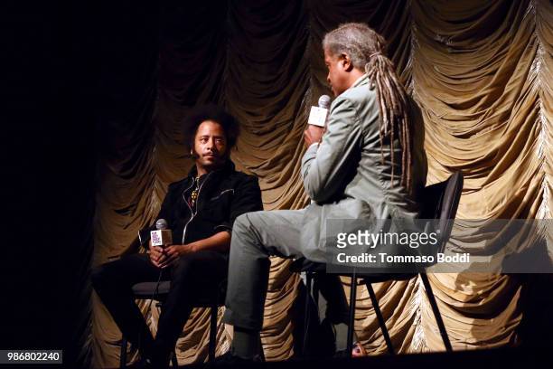 Director Boots Riley and film critic Elvis Mitchell attend the Film Independent At LACMA Presents Screening And Q&A Of "Sorry To Bother You" at Bing...