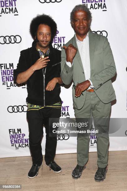 Director Boots Riley and film critic Elvis Mitchell attend the Film Independent At LACMA Presents Screening And Q&A Of "Sorry To Bother You" at Bing...