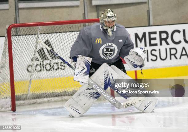 Los Angeles Kings Prospect Goaltender Jacob Ingham prepares for a save during the Los Angeles Kings Development Camp on June 27, 2018 at Toyota...