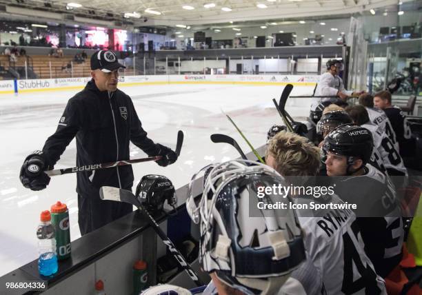 Los Angeles Kings Development Coach Craig Johnson chats with Los Angeles Kings Prospects during the Los Angeles Kings Development Camp on June 27,...