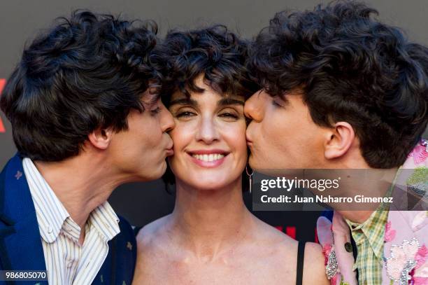 Javier Ambrossi, Paz Vega and Javier Calvo attend World Premiere of Netflix's Paquita Salas Season 2 on June 28, 2018 in Madrid, Spain.