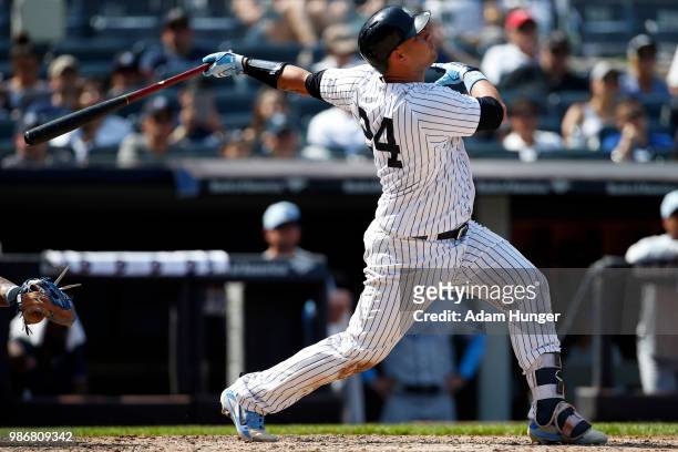 Gary Sanchez of the New York Yankees against the Tampa Bay Rays during the fifth inning at Yankee Stadium on June 17, 2018 in the Bronx borough of...