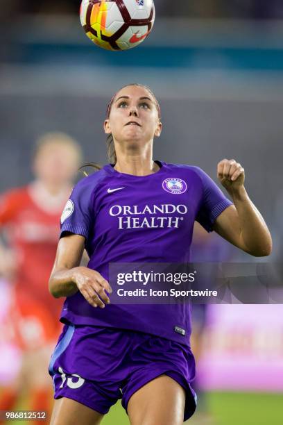 Orlando Pride forward Alex Morgan prepares to stop the ball during the soccer match between the Orlando Pride and the Houston Dash on June 27, 2018...