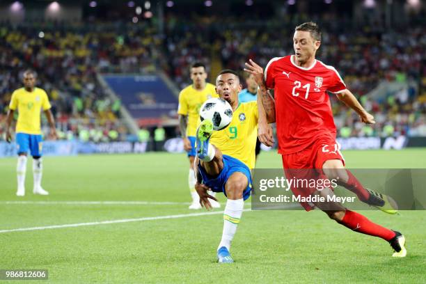 June 27: Gabriel Jesus of Brazil clears the ball over Nemanja Matic of Serbia during the 2018 FIFA World Cup Russia group E match between Serbia and...