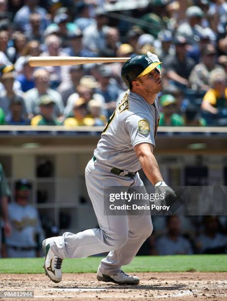 Josh Phegley of the Oakland Athletics plays during a baseball game against the San Diego Padres at PETCO Park on June 20, 2018 in San Diego,...