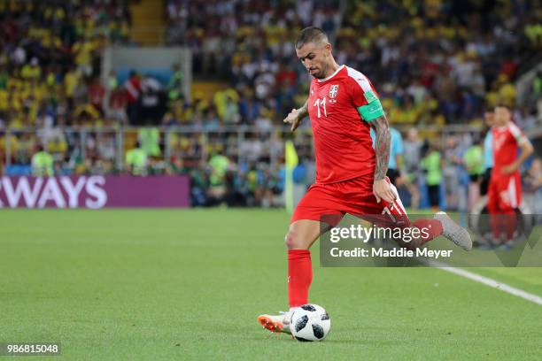 June 27: Aleksandar Kolarov of Serbia in action during the 2018 FIFA World Cup Russia group E match between Serbia and Brazil at Spartak Stadium on...