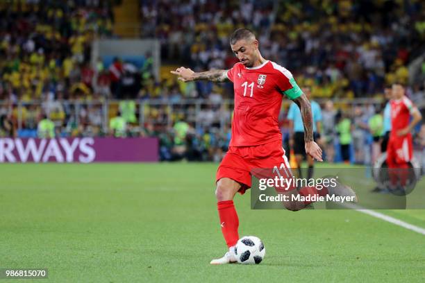 June 27: Aleksandar Kolarov of Serbia in action during the 2018 FIFA World Cup Russia group E match between Serbia and Brazil at Spartak Stadium on...