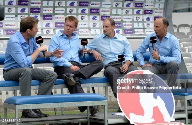Sky Sports commentators Michael Atherton, Ian Ward, Andrew Strauss and Nasser Hussain talk in the Middlesex dugout during the NatWest T20 Blast...