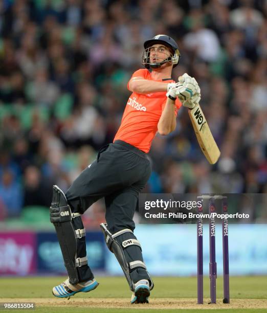 England opener Alex Hales hits out during his innings of 66 runs in the NatWest International Twenty20 between England and Sri Lanka at The Oval,...