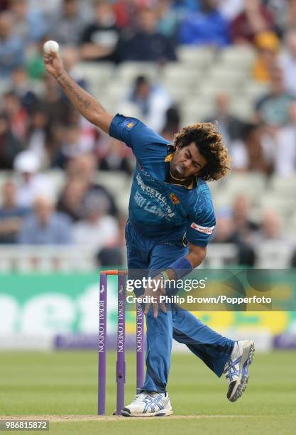 Lasith Malinga of Sri Lanka bowls during the 5th Royal London One Day International between England and Sri Lanka at Edgbaston, Birmingham, 3rd June...