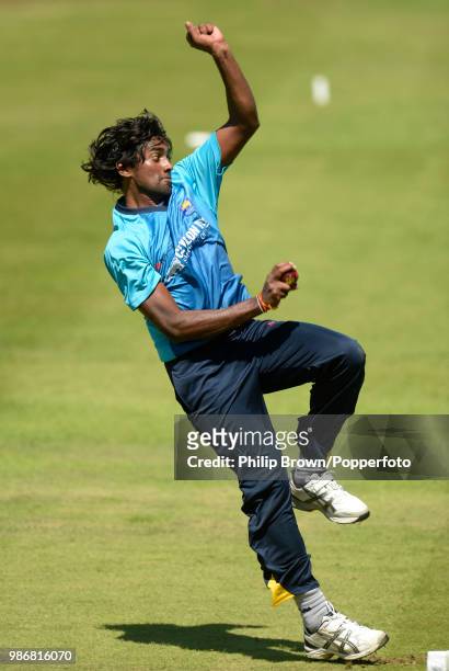 Nuwan Pradeep of Sri Lanka bowls during a training session before the 1st Test match between England and Sri Lanka at Lord's Cricket Ground, London,...