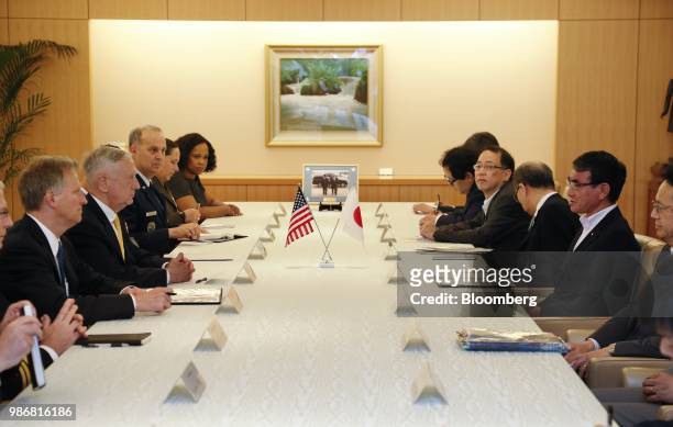 James Mattis, U.S. Secretary of defense, third from left, and Taro Kono, Japan's foreign minister, second from right, attend a meeting at the...