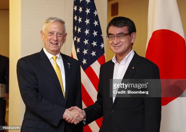 James Mattis, U.S. Secretary of defense, left, shakes hands with Taro Kono, Japan's foreign minister, ahead of their meeting at the Ministry of...